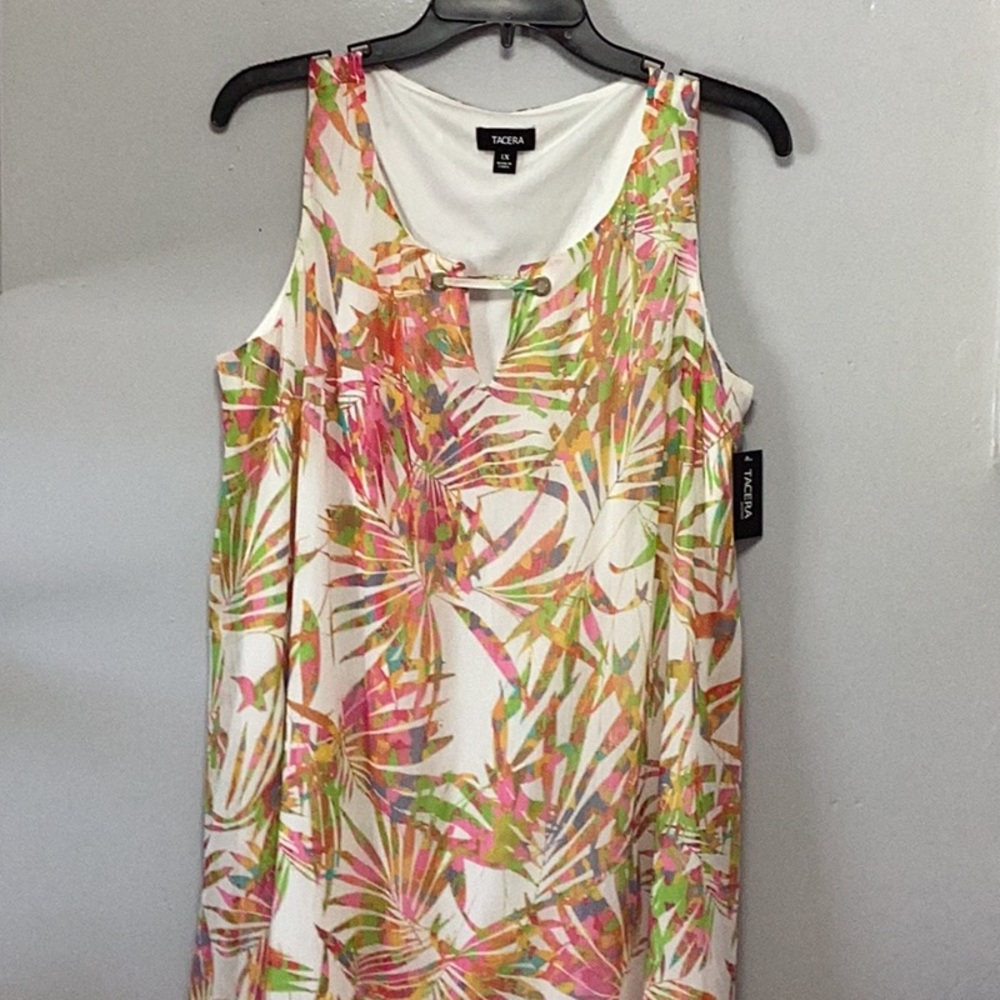 Tacera White Green and Pink Asymmetrical Sleeveless Dress. Size XL.